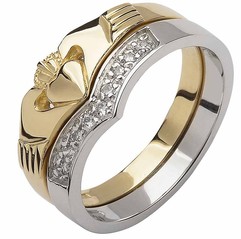 Product image for Irish Wedding Band - 10k Yellow and White Gold Diamond Wishbone Ladies Claddagh Ring