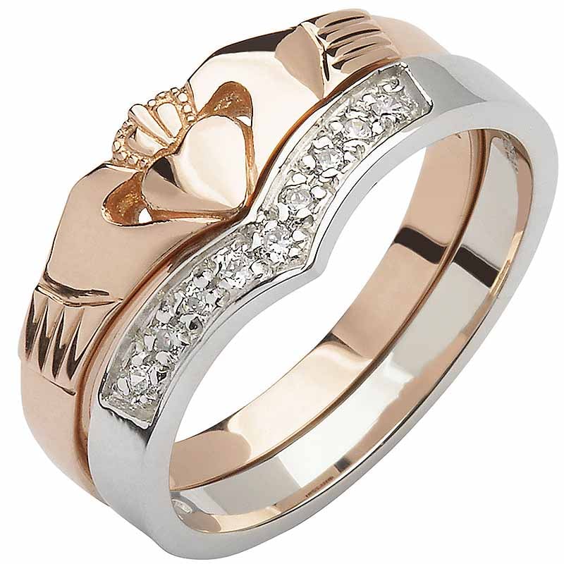 Product image for Irish Wedding Band - 10k Rose and White Gold Diamond Wishbone Ladies Claddagh Ring