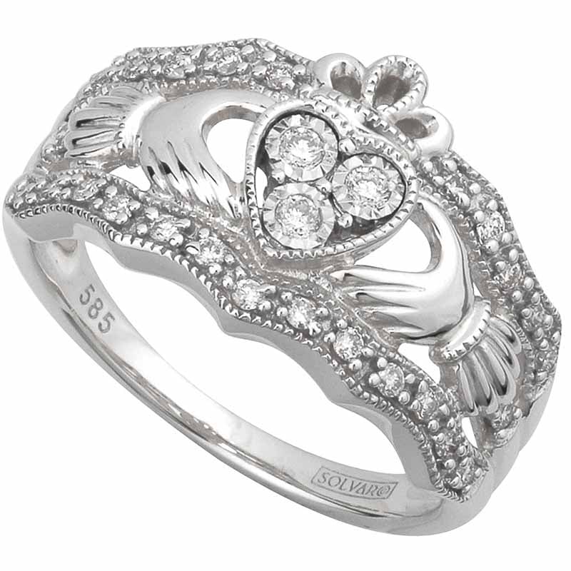 Product image for Claddagh Ring - 14k White Gold Diamond Ladies Irish Claddagh Band
