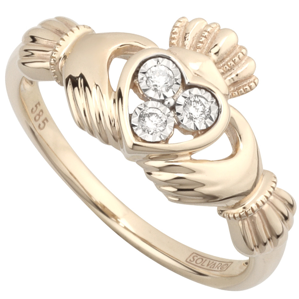 Product image for Claddagh Ring - Ladies Irish Claddagh Ring 14k Yellow Gold with 3 Diamonds