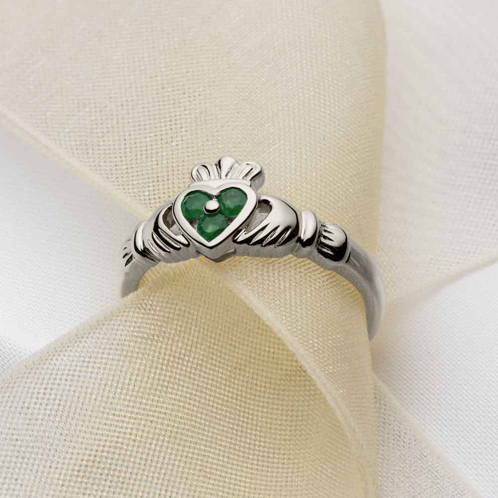 Product image for Claddagh Ring - Ladies 14k White Gold and 3 Emerald Heart Claddagh