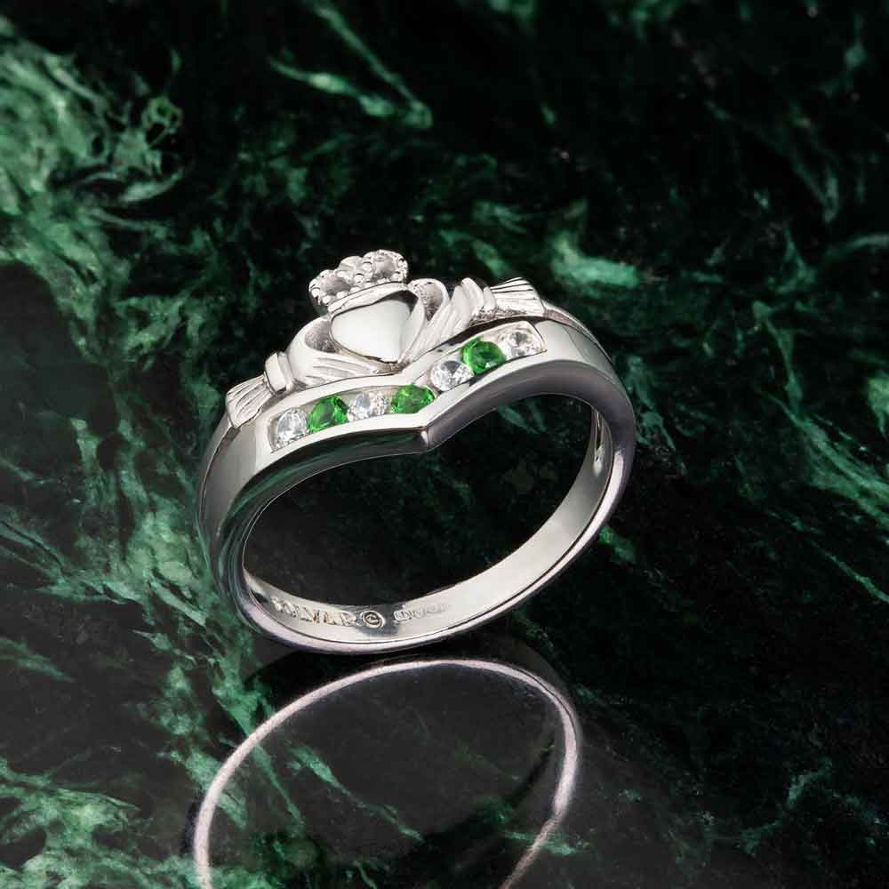 Product image for Claddagh Ring - Ladies Sterling Silver with CZ and Emerald Claddagh Wishbone
