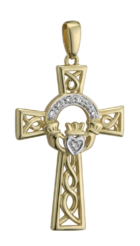 Product image for Celtic Pendant - 14k Gold and Diamond Filigree Claddagh Celtic Cross Pendant with Chain