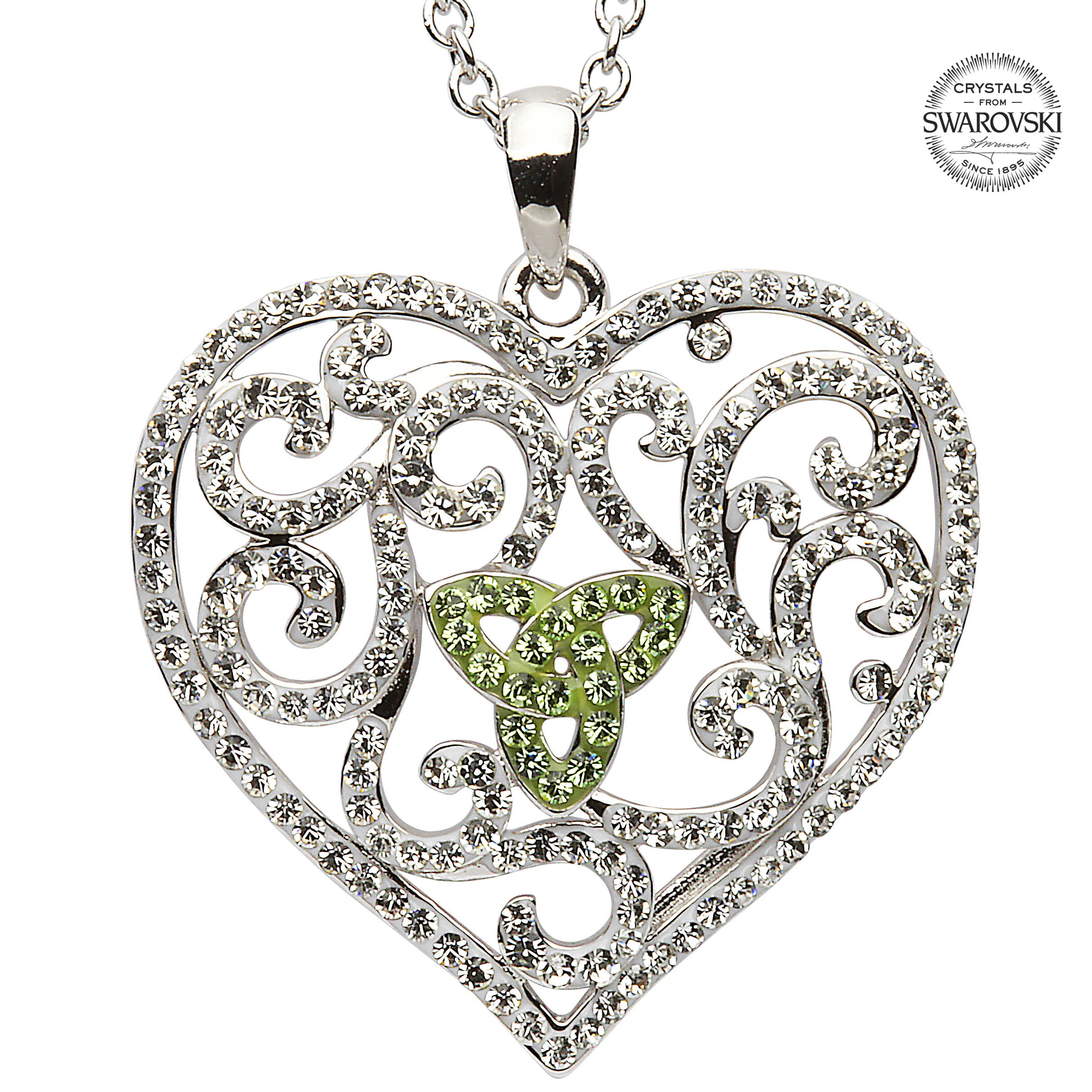 Irish Necklace Trinity Knot Heart Pendant with Green Swarovski Crystals