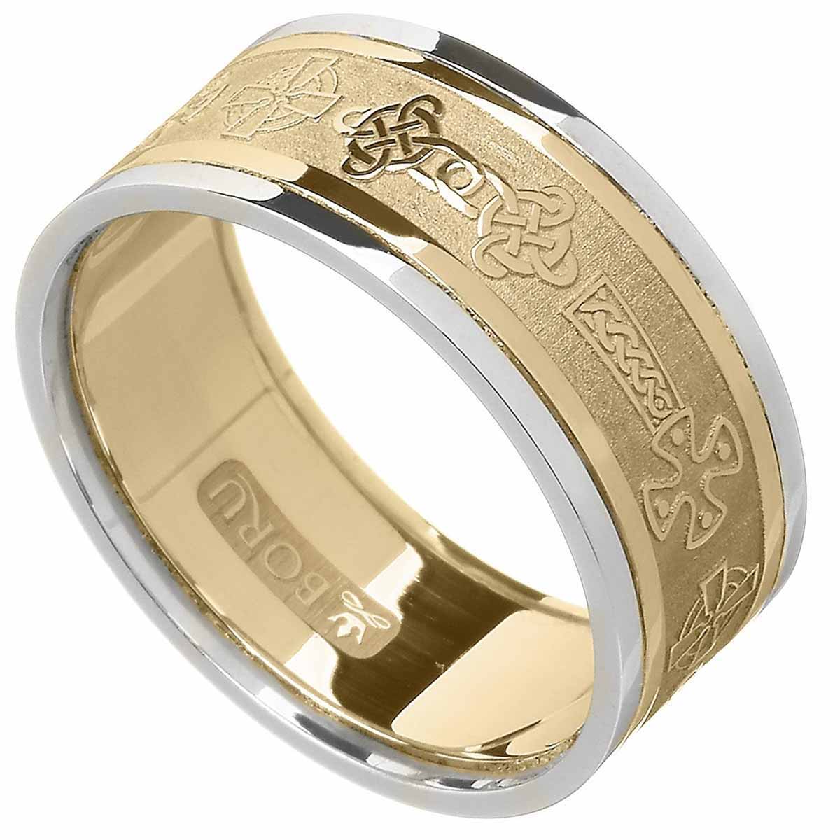 Product image for Celtic Ring - Men's Yellow Gold with White Gold Trim Celtic Cross Wedding Ring