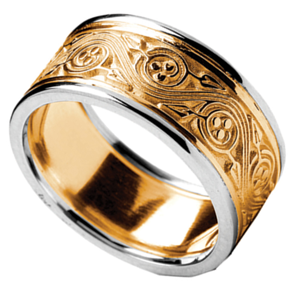 Product image for Irish Ring - Men's Yellow Gold with White Gold Trim Triskele Weave Irish Wedding Ring