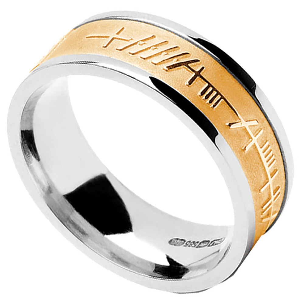 Product image for Irish Ring - Mens White Gold with Yellow Gold Ogham Mo Anam Cara 'My Soul Mate' Irish Wedding Band