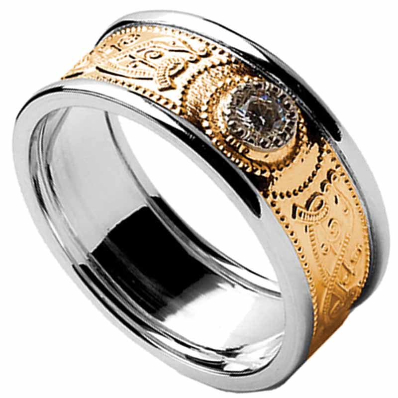 Product image for Celtic Ring - Men's Yellow Gold with White Gold Trim and Diamond Warrior Shield Wedding Ring