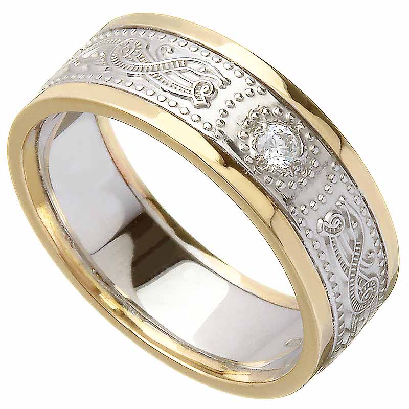 Product image for Celtic Ring - Ladies White Gold with Yellow Gold Trim and Diamond Warrior Shield Wedding Ring