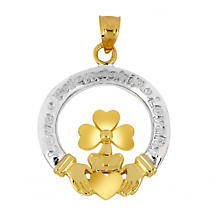 Alternate image for Claddagh Pendant - Two Tone Gold Claddagh and Shamrock