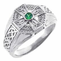 Celtic Ring - Men's White Gold Celtic Cross Ring with Emerald Stone Center Product Image