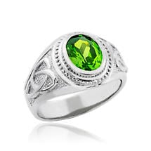 Celtic Ring - Men's White Gold Celtic Green Oval CZ Ring Product Image