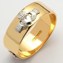 Irish Wedding Ring - Ladies Gold Two Tone Claddagh Wide Wedding Band Product Image