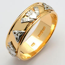 Irish Wedding Ring - Ladies Gold Two Tone Claddagh Trinity Knot Wide Wedding Band Product Image