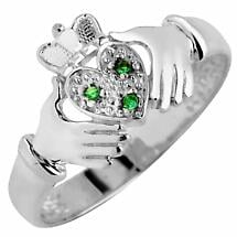 Alternate image for Claddagh Ring - Ladies White Gold Claddagh Ring with Emerald Trio