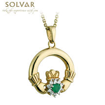 Alternate image for Irish Necklace - 10k Gold with Green Agate and CZ Claddagh Pendant with Chain