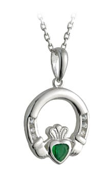 Alternate image for Irish Necklace - Sterling Silver with Emerald and CZ Claddagh Pendant with Chain