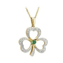 Shamrock Necklace - 14k Gold with Diamonds and Emerald Open Shamrock Pendant Product Image