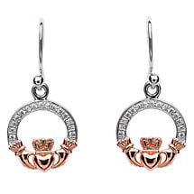 Alternate image for Claddagh Earrings - Sterling Silver Claddagh Stone Set Rose Gold Plated Earrings