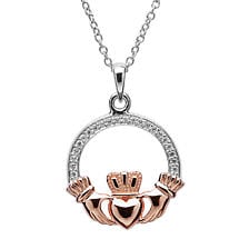 Alternate image for Claddagh Pendant - Sterling Silver Claddagh Stone Set Rose Gold Plated Pendant