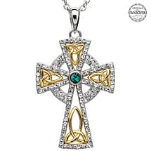 Alternate image for Celtic Cross Necklace - Sterling Silver and Gold Plated Trinity Gold Plated Cross Embellished with Emerald Swarovski Crystals