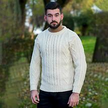 Alternate image for SALE | Irish Sweater | Merino Wool Traditional Aran Knit Crew Neck Mens Sweater