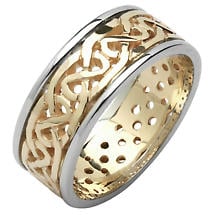 Irish Wedding Ring - Mens Celtic Knot Pierced Sheelin Wedding Band Yellow Gold with White Gold Rims Product Image