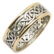 Irish Wedding Ring - Mens Celtic Knot Narrow Pierced Sheelin Wedding Band with Yellow Gold Rims Product Image