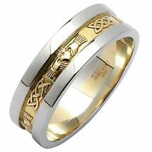 Irish Wedding Ring - Ladies Yellow Gold With White Gold Rims Claddagh Wedding Band Product Image