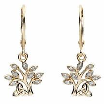 Alternate image for Irish Earrings | 14k  Gold Celtic Tree of Life Trinity Knot Diamond Drop Earrings 