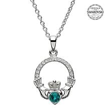 Alternate image for Irish Necklace | Sterling Silver Claddagh Swarovski Crystal Birthstone Pendant