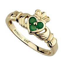 Alternate image for Claddagh Ring - Ladies 14k Yellow Gold with 3 Emerald Heart Claddagh