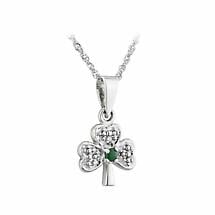 Irish Necklace | 14k White Gold Diamond & Emerald Dainty Shamrock Pendant Product Image