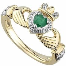 Irish Rings | 14k Gold Diamond and Emerald Ladies Claddagh Ring Product Image