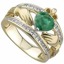 Irish Rings | 14k Gold Large Emerald & Diamond Ladies Claddagh Band Product Image