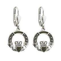 Claddagh Earrings - Sterling Silver Marcasite & Connemara Marble Claddagh Drop Earrings Product Image