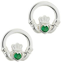 Irish Earrings - Sterling Silver Green Crystal Stud Claddagh Earrings Product Image