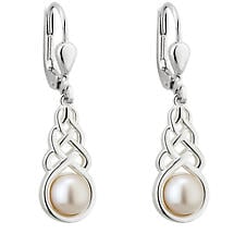 Irish Earrings - Sterling Silver Pearl Celtic Knot Drop Earrings Product Image
