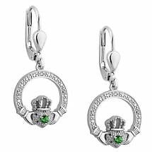 Alternate image for Irish Earrings | Sterling Silver Green Crystal Illusion Claddagh Earrings