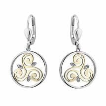 Irish Earrings | Diamond Sterling Silver and 10k Yellow Gold Round Celtic Spiral Triskele Earrings Product Image