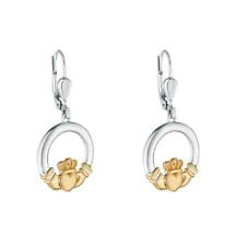 Alternate image for Irish Earrings | Diamond 10k Gold & Sterling Silver Ladies Claddagh Earrings