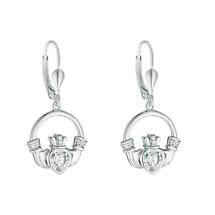Alternate image for Irish Earrings | Sterling Silver Crystal Heart Claddagh Earrings