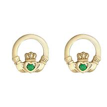 Alternate image for Irish Earrings | 9k Gold Green Crystal Stud Claddagh Earrings