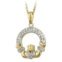Alternate image for Irish Necklace - 14k Gold and Micro Diamond Claddagh Pendant with Chain