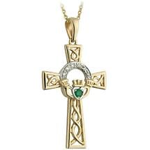 Alternate image for Celtic Pendant - 14k Gold with Diamond and Emerald Claddagh Cross Pendant with Chain
