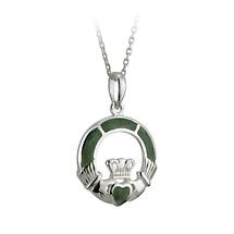 Alternate image for Irish Necklace - Sterling Silver and Connemara Marble Claddagh Pendant with Chain