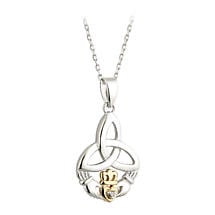 Irish Necklace | Diamond Sterling Silver and 10k Yellow Gold Celtic Trinity Knot Claddagh Pendant Product Image