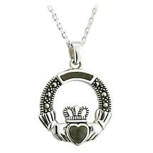 Alternate image for Irish Necklace - Sterling Silver Connemara Marble Marcasite Claddagh Pendant
