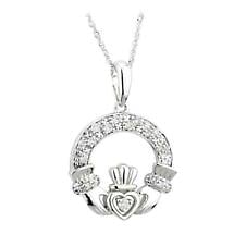 Irish Necklace - 14k White Gold and Diamond Claddagh Pendant Product Image