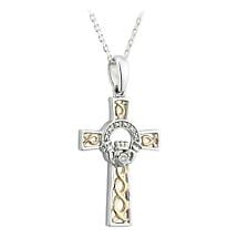 Alternate image for Claddagh Necklace - Silver, 10k Gold & Diamond Claddagh Cross Pendant